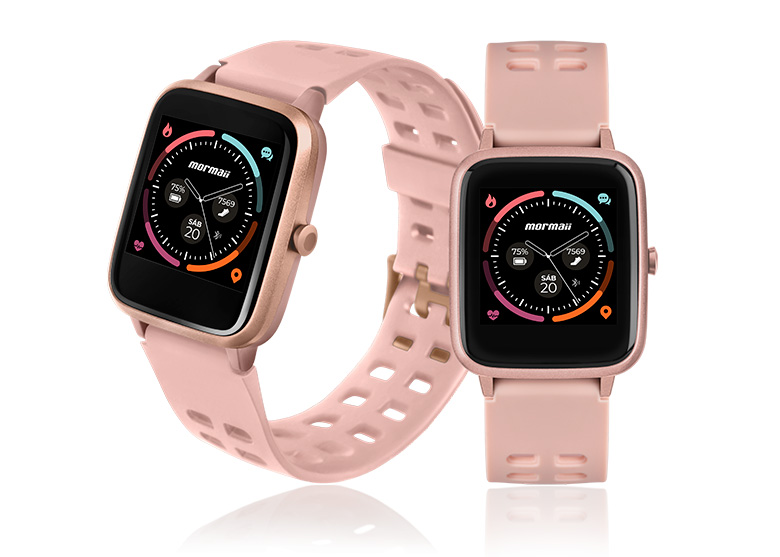 Smartwatch: relógio pulseira em aço e borracha rosa.